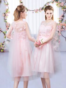 Nice Tulle V-neck Sleeveless Lace Up Appliques and Belt Quinceanera Court Dresses in Baby Pink