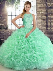 Modest Sleeveless Fabric With Rolling Flowers Floor Length Lace Up Quinceanera Dresses in Apple Green with Beading
