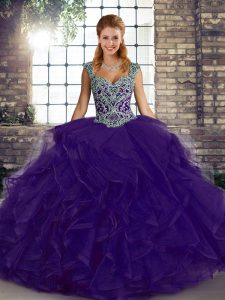 Superior Sleeveless Tulle Floor Length Lace Up Quince Ball Gowns in Purple with Beading and Ruffles