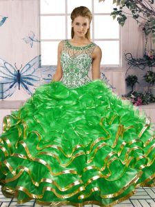 Green Sleeveless Organza Lace Up Ball Gown Prom Dress for Military Ball and Sweet 16 and Quinceanera