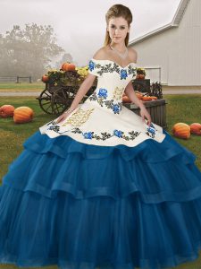 Blue Lace Up 15 Quinceanera Dress Embroidery and Ruffled Layers Sleeveless Brush Train