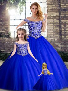 Edgy Royal Blue Quince Ball Gowns Military Ball and Sweet 16 and Quinceanera with Beading Off The Shoulder Sleeveless Brush Train Lace Up