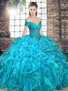Fantastic Sleeveless Floor Length Beading and Ruffles Lace Up Sweet 16 Dresses with Aqua Blue