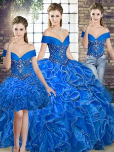 Royal Blue Sleeveless Floor Length Beading and Ruffles Lace Up Quince Ball Gowns