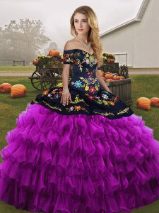 Custom Fit Black And Purple Lace Up Quinceanera Gown Embroidery and Ruffled Layers Sleeveless Floor Length