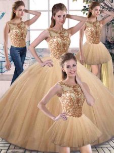 Perfect Gold Ball Gowns Scoop Sleeveless Tulle Floor Length Lace Up Beading Sweet 16 Quinceanera Dress