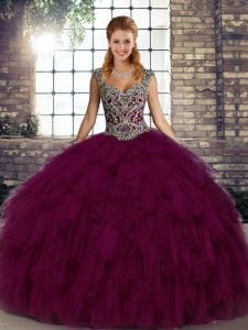 Decent Dark Purple Quinceanera Gown Military Ball and Sweet 16 and Quinceanera with Beading and Ruffles Straps Sleeveless Lace Up