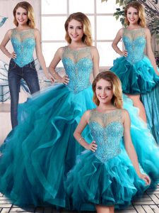 Aqua Blue Sleeveless Floor Length Beading and Ruffles Lace Up Quinceanera Gowns