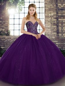 Custom Design Floor Length Lace Up Sweet 16 Dresses Purple for Military Ball and Sweet 16 and Quinceanera with Beading