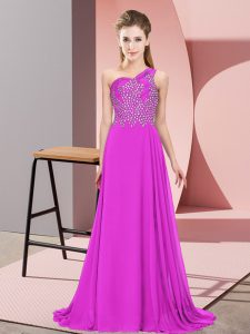 Purple One Shoulder Side Zipper Beading Prom Dress Sleeveless