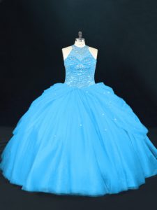 Elegant Sleeveless Floor Length Beading Lace Up Sweet 16 Quinceanera Dress with Aqua Blue