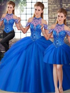 Fine Three Pieces Sleeveless Blue Sweet 16 Dress Brush Train Lace Up