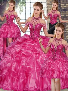 Smart Fuchsia Ball Gowns Beading and Ruffles Quinceanera Gowns Lace Up Organza Sleeveless Floor Length
