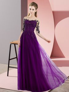 Dark Purple Half Sleeves Chiffon Lace Up Dama Dress for Wedding Party