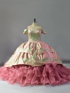 Pink Lace Up Vestidos de Quinceanera Embroidery and Ruffles Sleeveless Floor Length Chapel Train