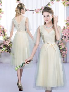 Flirting Champagne Empire Lace and Bowknot Quinceanera Court of Honor Dress Lace Up Tulle Sleeveless Tea Length