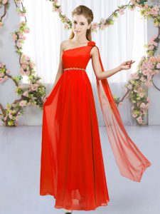 Best Selling Red Sleeveless Floor Length Beading and Hand Made Flower Lace Up Damas Dress
