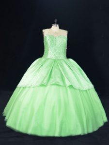 Deluxe Sleeveless Tulle Floor Length Lace Up Quinceanera Gowns in with Beading