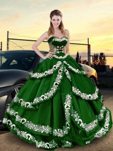 Unique Dark Green Satin Lace Up Sweetheart Sleeveless Floor Length Vestidos de Quinceanera Appliques and Ruffled Layers