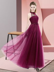 Beading and Appliques Quinceanera Court Dresses Fuchsia Lace Up Sleeveless Floor Length