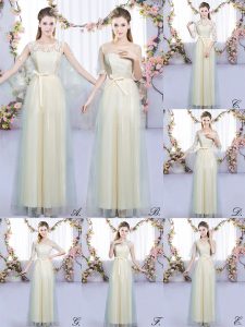 Cute Champagne Lace Up Quinceanera Dama Dress Lace and Bowknot Sleeveless Floor Length