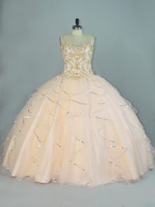 Classical Sleeveless Tulle Floor Length Lace Up Quinceanera Dress in Champagne with Beading and Ruffles
