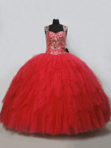 Chic Red Straps Neckline Beading and Ruffles Quinceanera Gown Sleeveless Lace Up