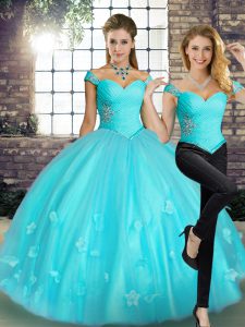 Aqua Blue Sleeveless Tulle Lace Up Quince Ball Gowns for Military Ball and Sweet 16 and Quinceanera