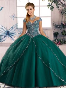 Traditional Green Cap Sleeves Tulle Brush Train Lace Up Quinceanera Dress for Sweet 16 and Quinceanera