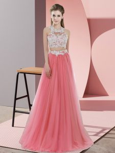 Halter Top Sleeveless Quinceanera Court of Honor Dress Floor Length Lace Watermelon Red Tulle