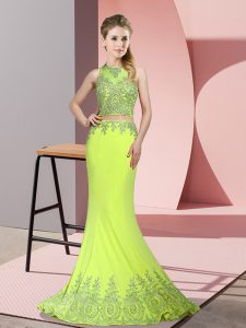 Sweep Train Mermaid Prom Dress Yellow Green High-neck Satin Sleeveless Zipper