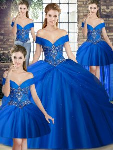 Modest Royal Blue Ball Gowns Off The Shoulder Sleeveless Tulle Brush Train Lace Up Beading and Pick Ups Vestidos de Quinceanera