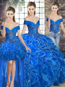 Fashion Royal Blue Quinceanera Gowns Military Ball and Sweet 16 and Quinceanera with Beading and Ruffles Off The Shoulder Sleeveless Lace Up