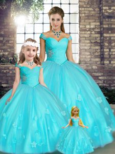 Discount Aqua Blue Sleeveless Floor Length Beading and Appliques Lace Up Ball Gown Prom Dress