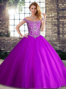 Gorgeous Brush Train Ball Gowns Quinceanera Dress Purple Off The Shoulder Tulle Sleeveless Lace Up