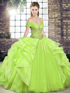 Most Popular Floor Length Yellow Green Quinceanera Gown Off The Shoulder Sleeveless Lace Up