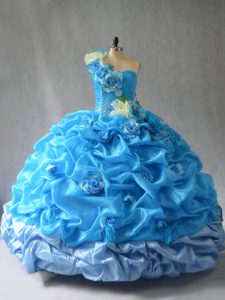 New Style Floor Length Baby Blue Quinceanera Dresses Organza Sleeveless Pick Ups and Hand Made Flower