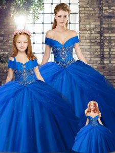 Sleeveless Tulle Brush Train Lace Up Sweet 16 Quinceanera Dress in Royal Blue with Beading and Pick Ups
