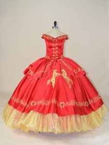 Fitting Red Ball Gowns Off The Shoulder Sleeveless Satin and Organza Floor Length Lace Up Embroidery Ball Gown Prom Dress