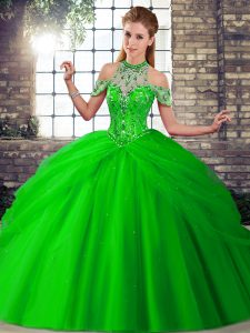 Green Sleeveless Beading and Pick Ups Lace Up Ball Gown Prom Dress