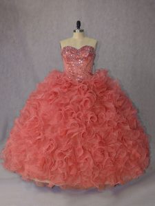 Affordable Orange Lace Up Sweetheart Beading and Ruffles Quinceanera Dress Organza Sleeveless Brush Train