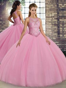 Embroidery Ball Gown Prom Dress Pink Lace Up Sleeveless Floor Length