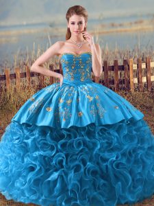 On Sale Baby Blue Sleeveless Floor Length Embroidery and Ruffles Lace Up Sweet 16 Dresses