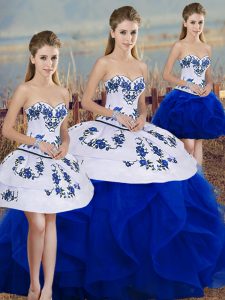 Embroidery and Ruffles and Bowknot Quince Ball Gowns Royal Blue Lace Up Sleeveless Floor Length