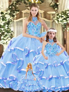 Blue Ball Gowns Embroidery and Ruffled Layers Sweet 16 Quinceanera Dress Lace Up Organza Sleeveless