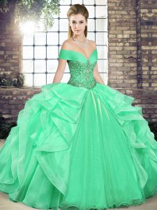 Apple Green Off The Shoulder Lace Up Beading and Ruffles Quinceanera Dress Sleeveless