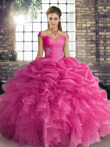 Rose Pink Lace Up Vestidos de Quinceanera Beading and Ruffles and Pick Ups Sleeveless Floor Length