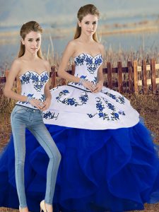 Cheap Royal Blue Sweetheart Neckline Embroidery and Ruffles and Bowknot Ball Gown Prom Dress Sleeveless Lace Up
