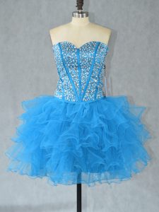 Latest Organza Sweetheart Sleeveless Lace Up Beading and Ruffles in Baby Blue