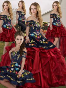Red And Black Ball Gowns Embroidery and Ruffles Quinceanera Dresses Lace Up Organza Sleeveless Floor Length